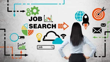 Rear view of the brunette woman who is looking at the wall with colourful icons representing different ways your can find a job with jobtrees