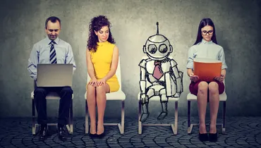 Cartoon AI robot sitting in line with human applicants job searching