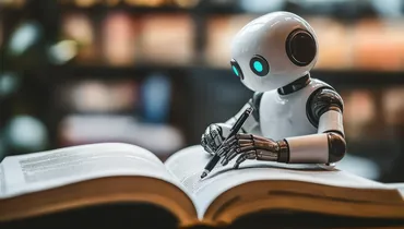 A robot diligently engaged in the act of writing within the pages of a book, which symbolizes the The Gray Area Between AI Writing Assistance and Original Work