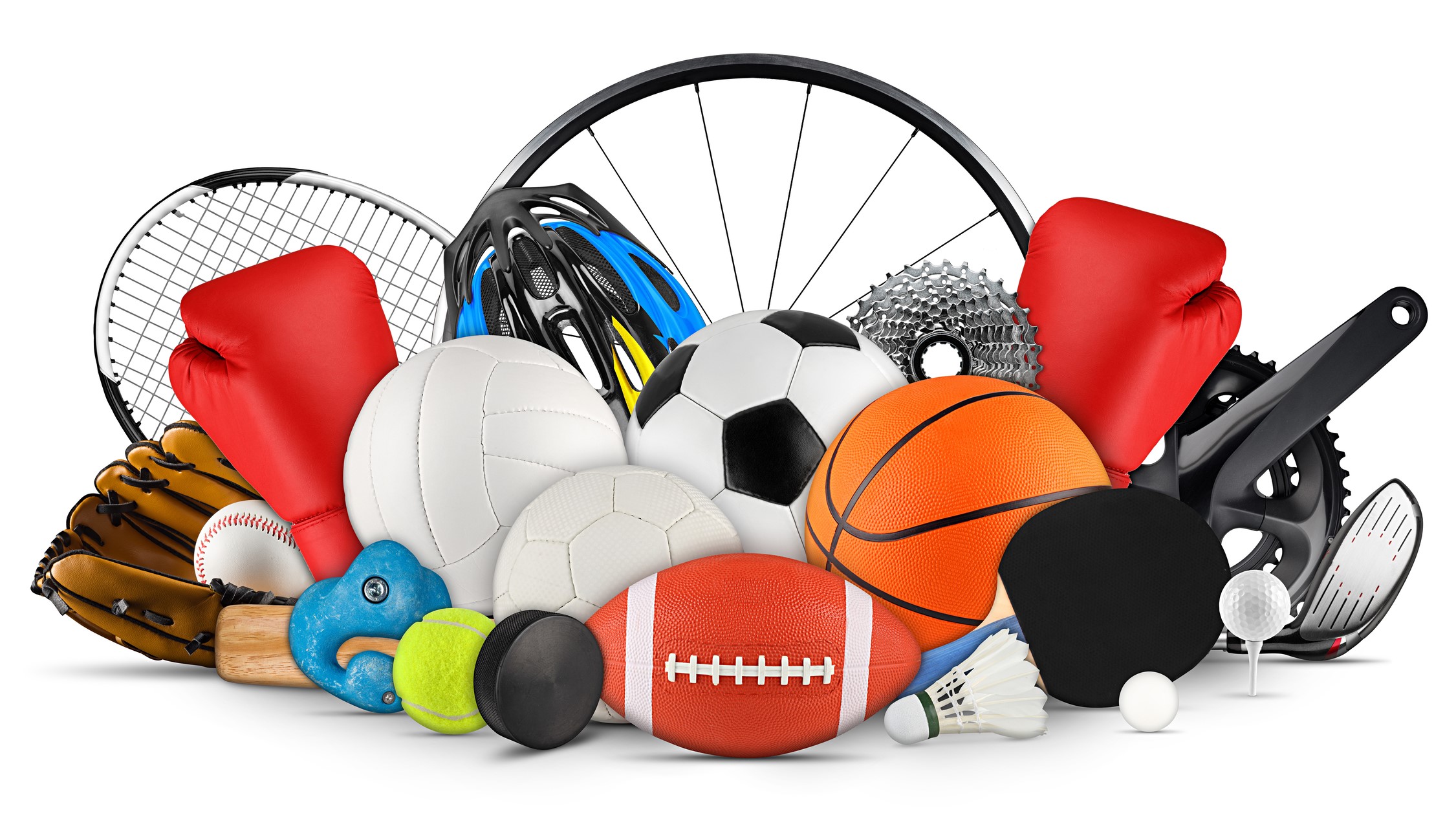 several different types of sports equipment grouped together to show just a few sports that are part of the athletic industry.